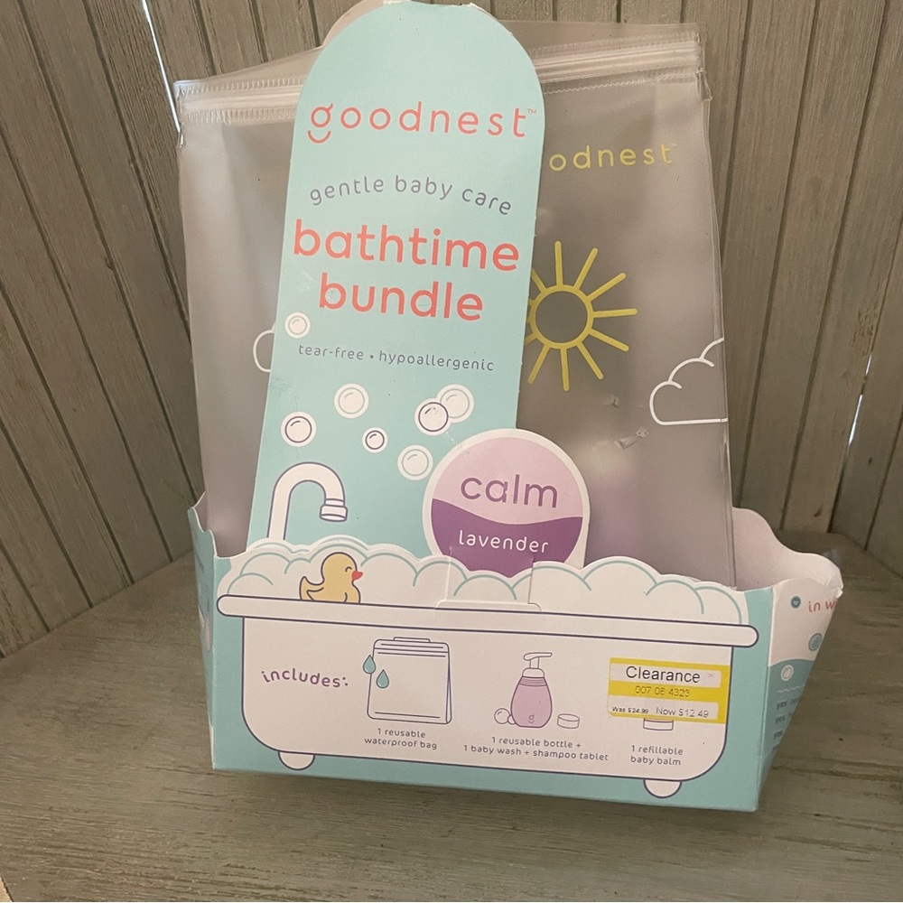 NWT Goodnest Bathtime Bundle: Reusable Bag & Bottle, Baby Wash, Shampoo & Balm
